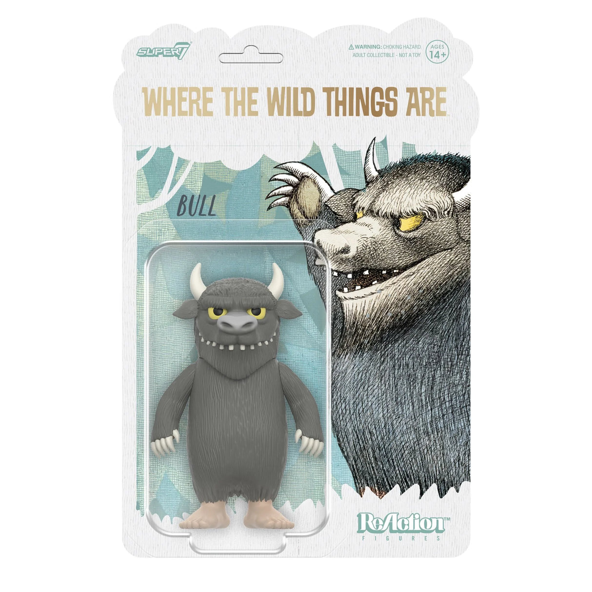 Toy figure of a bull from 'Where the Wild Things Are' in packaging with character illustration.