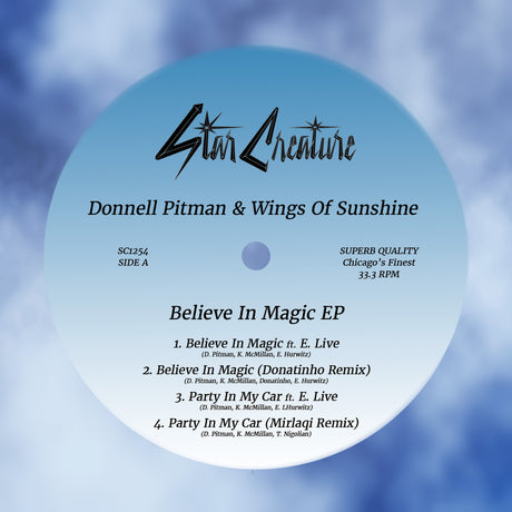 A circular CD-style album cover for 'Believe In Magic EP' by Donnell Pitman & Wings Of Sunshine, with the Star Creature brand logo at the top, track list below, and a soft blue cloudy background.