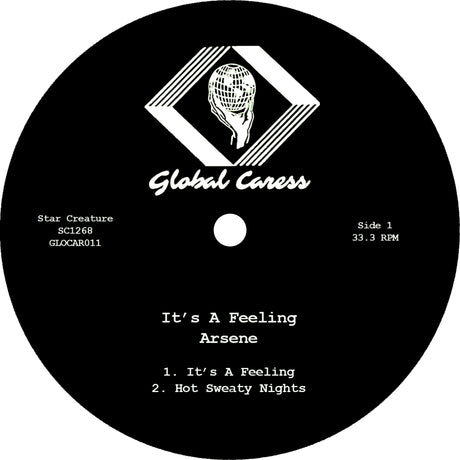 Vinyl record label with 'Global Caress' branding and track listing.
