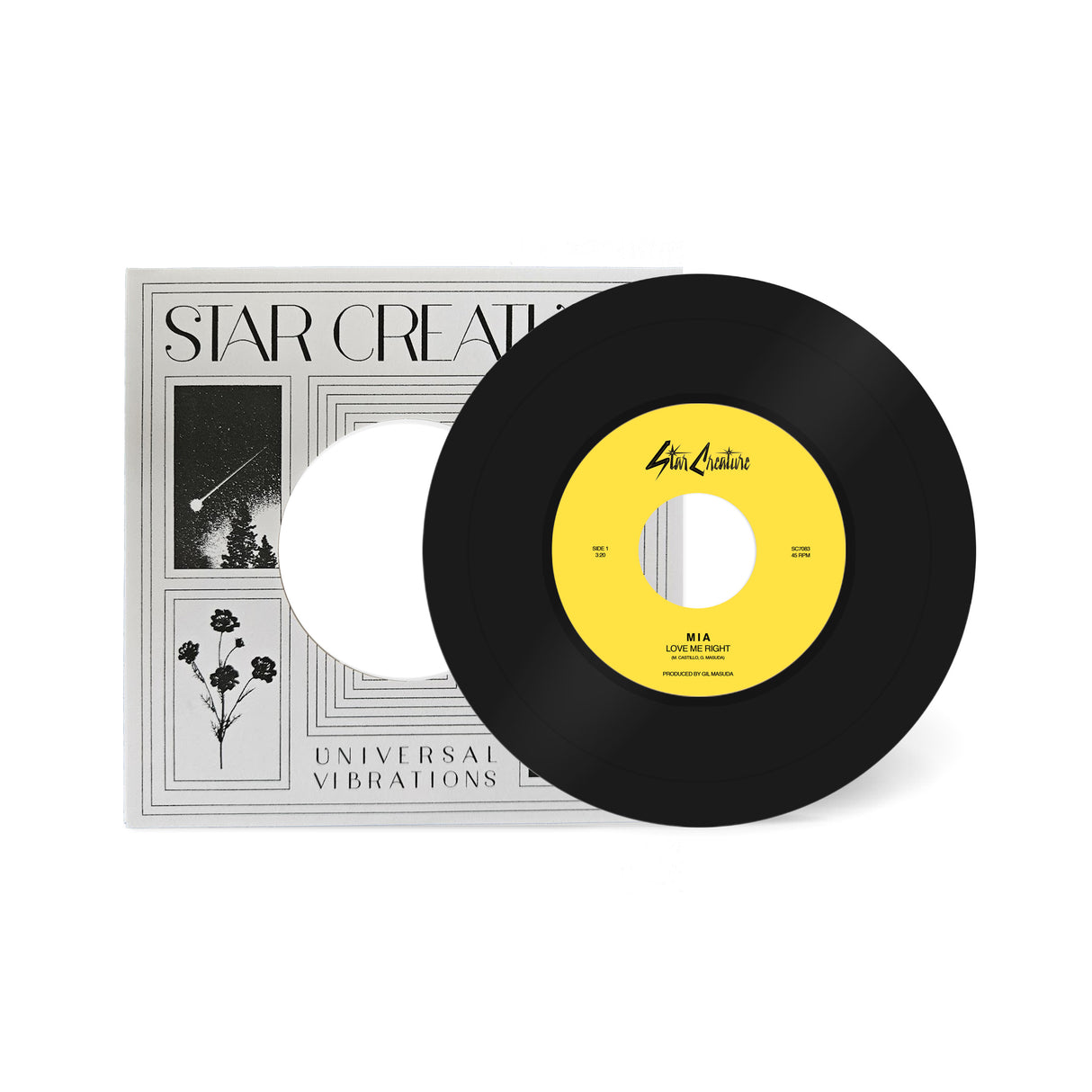 Vinyl record with yellow label and packaging on a white background