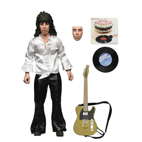 Action figure with accessories including a guitar, record, and face mask on a white background