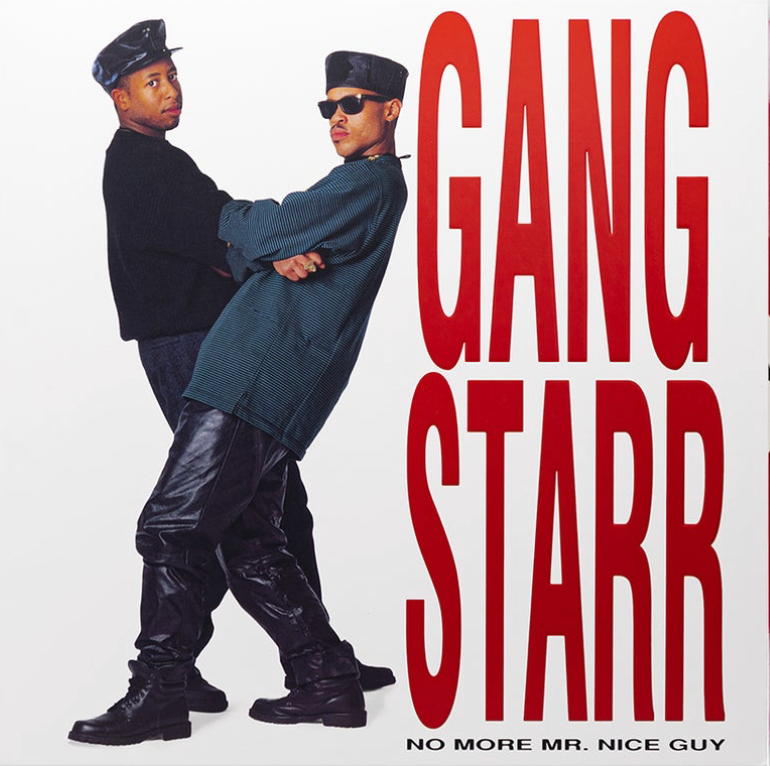Album cover for Gang Starr - No More Mr. Nice Guy featuring two males in a dance pose with sunglasses and leather attire.