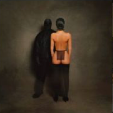 This image features an album cover for "Vultures LP" by Kanye West and Ty Dolla Sign. The cover art depicts a moody and atmospheric scene with two figures standing facing away from the viewer, set against a dark, textured background.