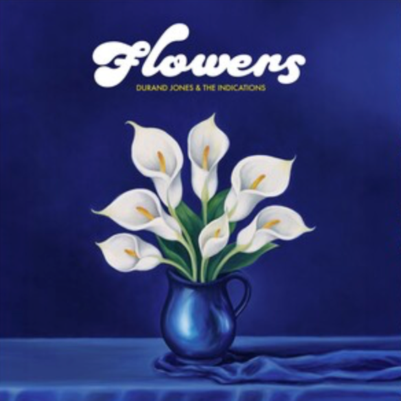 Album cover with white flowers in a blue vase on a dark blue background