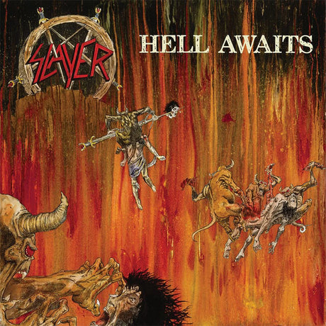 Album cover for Slayer's 'Hell Awaits' with fiery background and illustrations.