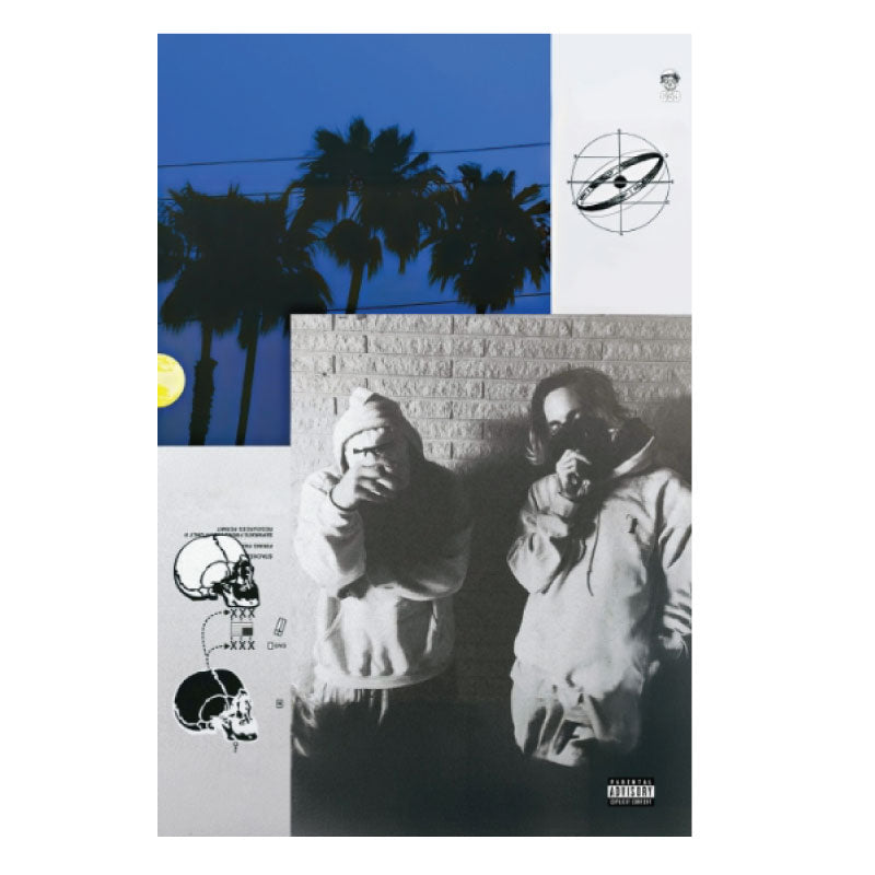Album cover with palm trees, a moon, and two people in hoodies against a brick wall.