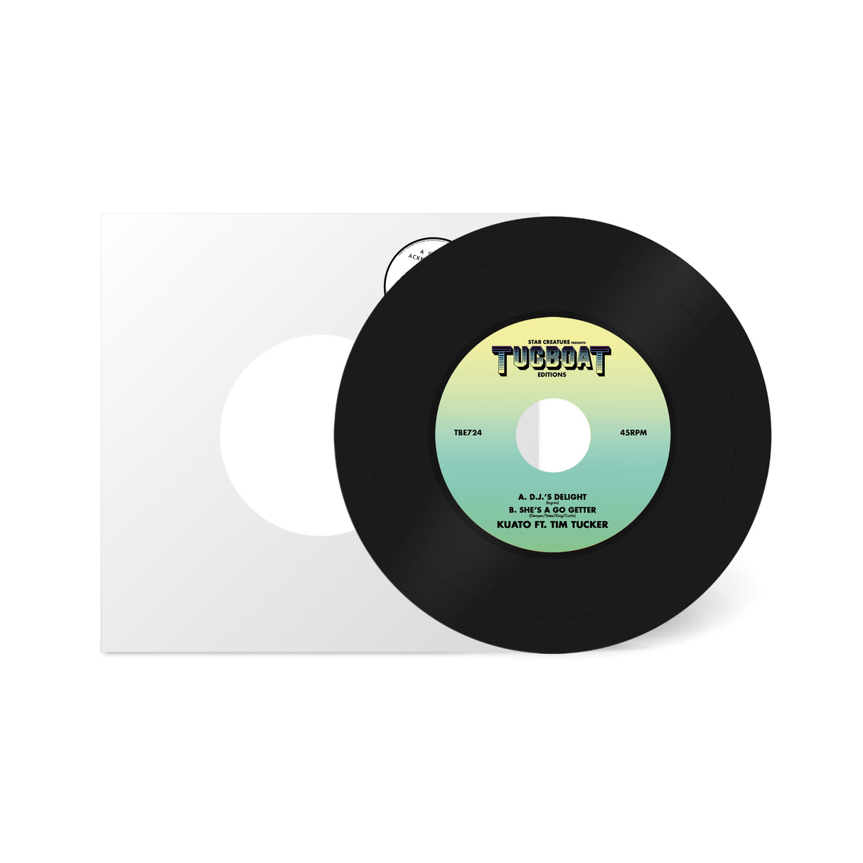 Vinyl record with a green label on a white background