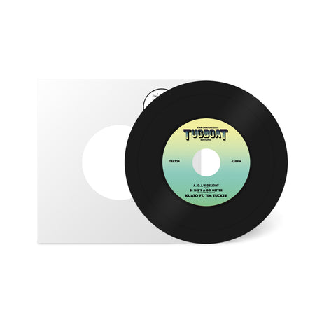 Vinyl record with a green label on a white background