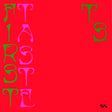 Red background with vertical text in green and pink on the left side