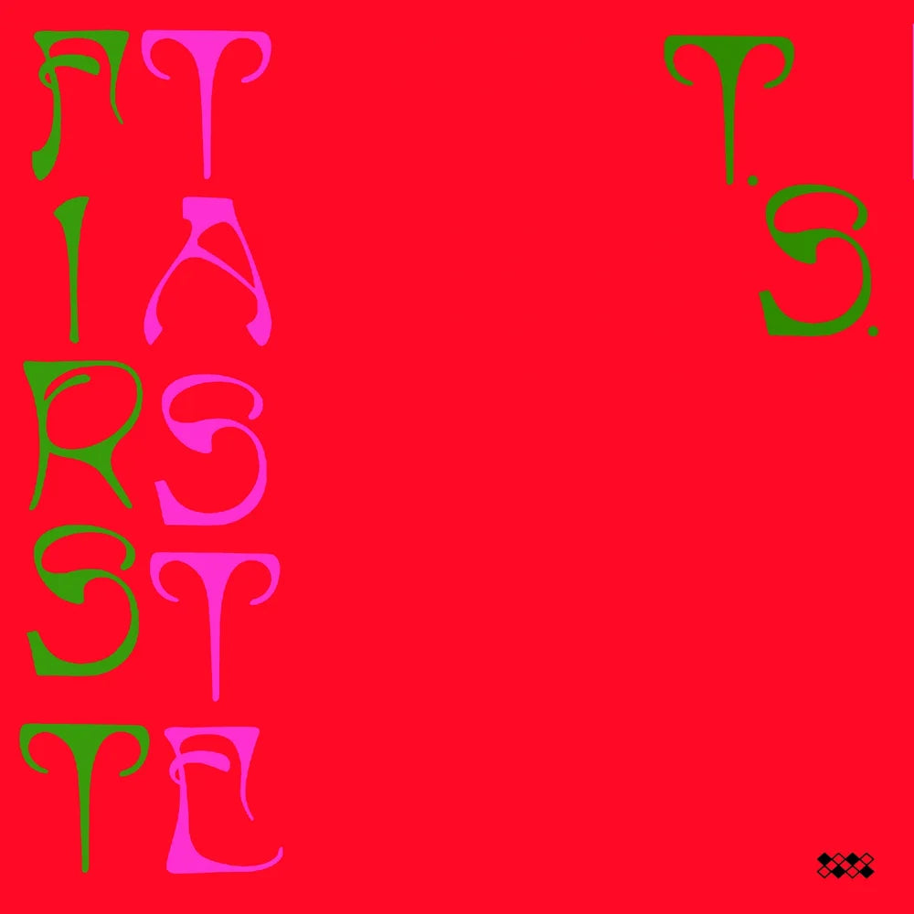 Red background with vertical text in green and pink on the left side