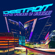 Cityscape at night with modern buildings and text 'Detroit It's From a Dream' in neon lights.