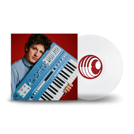 Person holding a blue synthesizer with a white vinyl record featuring a red logo on a white background
