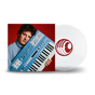 Person holding a blue synthesizer with a white vinyl record featuring a red logo on a white background