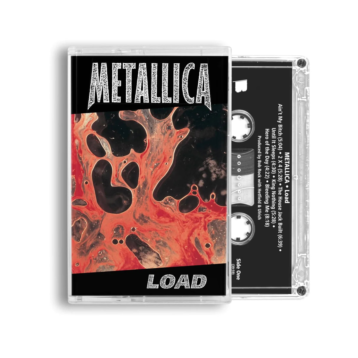 Metallica 'Load' cassette tape in a clear plastic case, showing the front cover artwork with red, black, and white abstract marbling and the band name 'Metallica' at the top, alongside the black cassette tape body with printed track listing text.