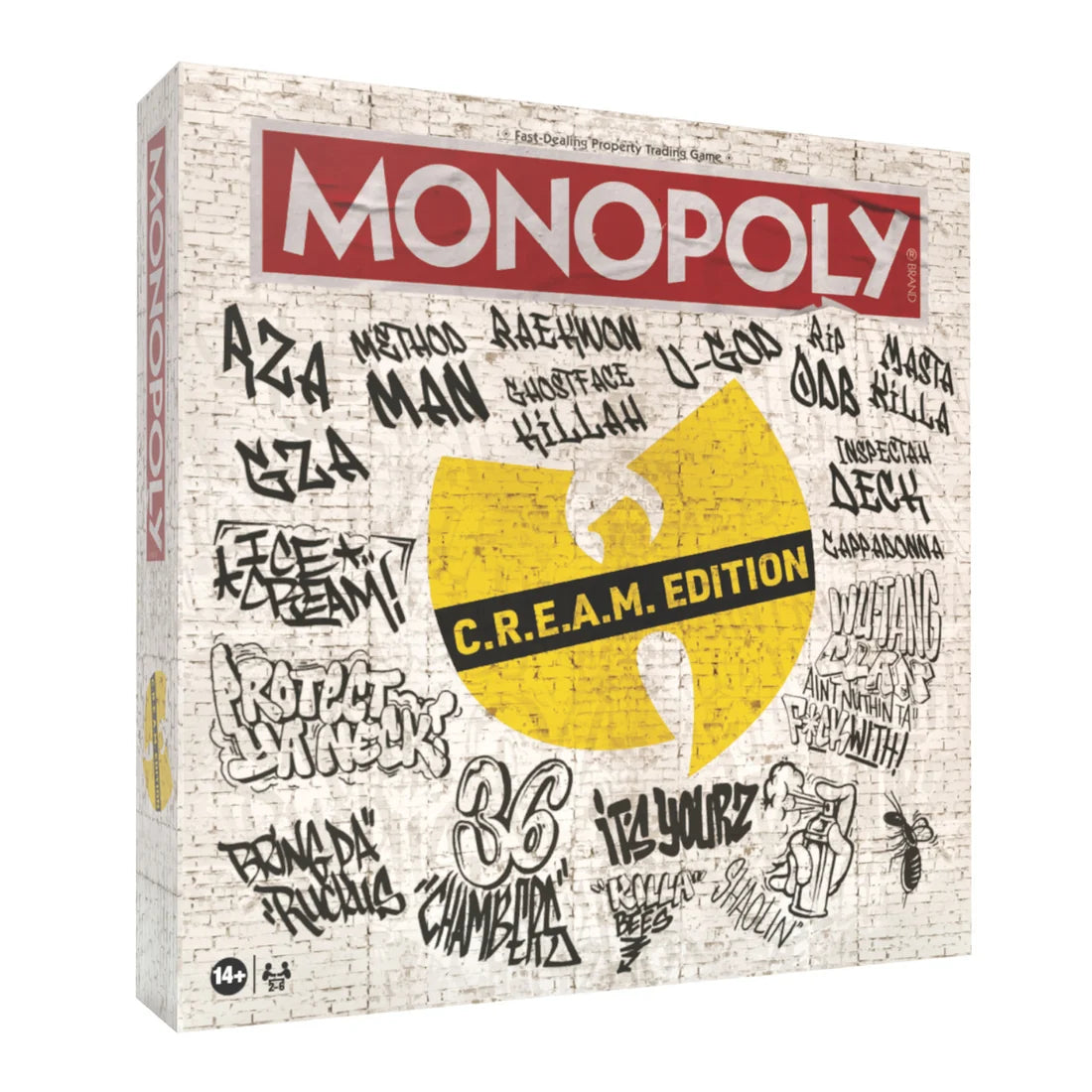 Monopoly C.R.E.A.M. Edition packaging with Wu-Tang Clan logo and text on a white background