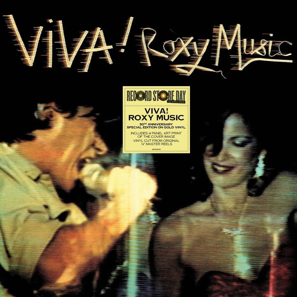 Album cover of 'Viva! Roxy Music' featuring a man and woman singing with text overlay.