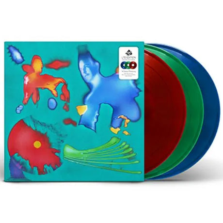Vinyl record set with colorful cover featuring abstract designs on a white background