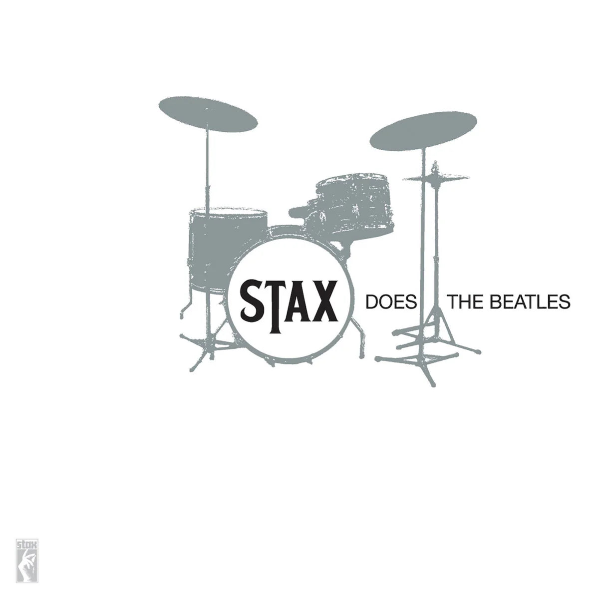 Drum set with 'Stax Does The Beatles' text on a white background
