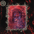 The album cover art for the band Death Magnetic's 'The Devourer of Worlds', featuring a central surreal skull-like face in red and blue tones, surrounded by a jagged white border on a black background with red splatters. A circular logo for the band is visible in the top-left corner.