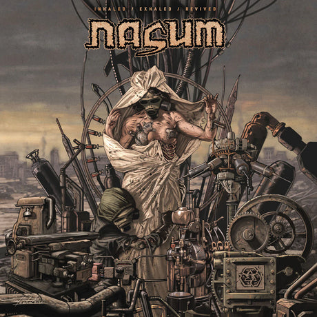 Album cover with mechanical elements and a figure, featuring the band 'Nagum'.