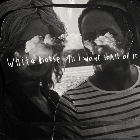 Two people with cloud-like faces and text overlay in a black and white setting.