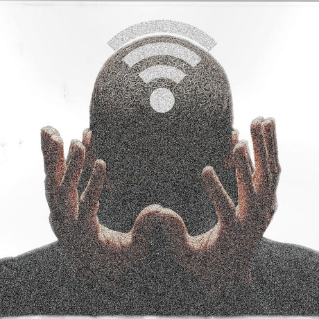 Person holding a smartphone with a Wi-Fi symbol above it on a white background