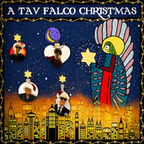 Album cover for 'A Tav Falco Christmas' with cityscape, angel, and portraits against a starry night sky.