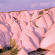 Wavy pink rock formations with sparse greenery under a purple sky.