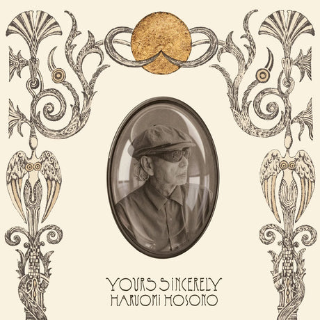 Album cover with ornate frame and portrait of a person, featuring the text 'Yours Sincerely Haruomi Hosono'.