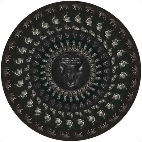 Vinyl record with a cat face design on a black background