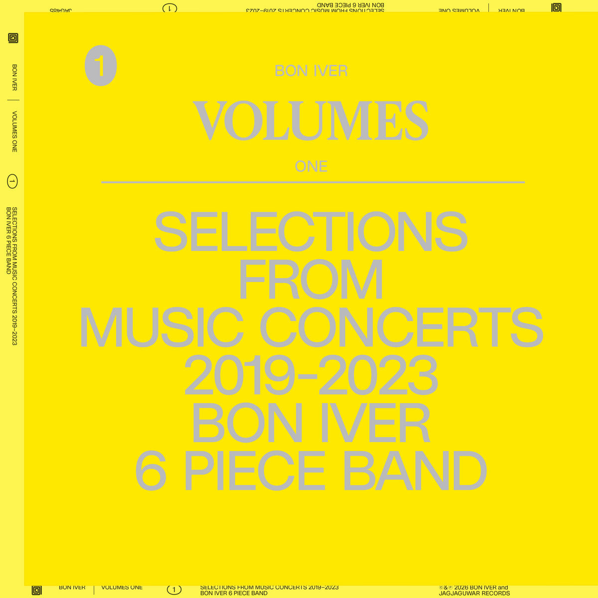 Album cover for 'Volumes One' by Bon Iver with text on a yellow background