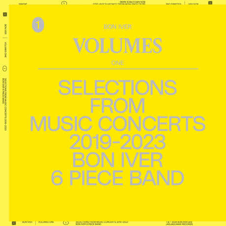 Album cover for 'Volumes One' by Bon Iver with text on a yellow background