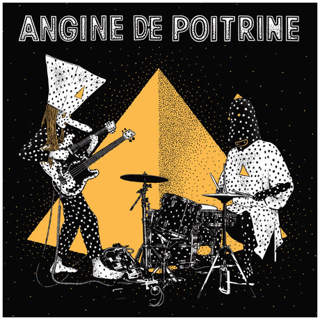 Illustration of two band members playing music with geometric shapes and text above.