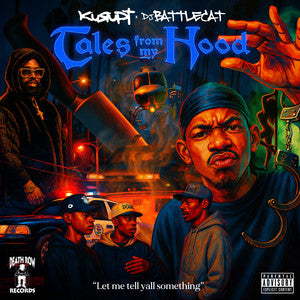 Album cover art for 'Tales from My Hood' by Krypt and Battlecat, featuring illustrated portraits of men in streetwear against a gritty urban night scene with blue, orange, and red lighting. Visible text includes the artist names, album title, 'Krafton Records' logo, and a Parental Advisory label.