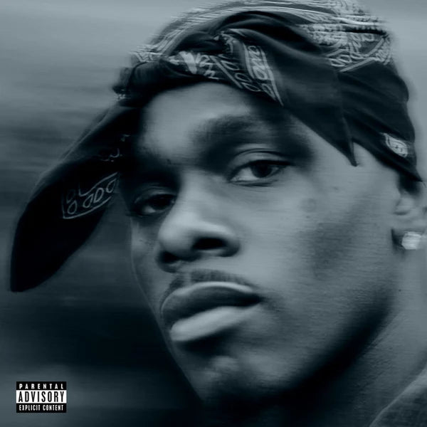 Black and white album cover with a person wearing a cap, featuring a 'Parental Advisory' label.