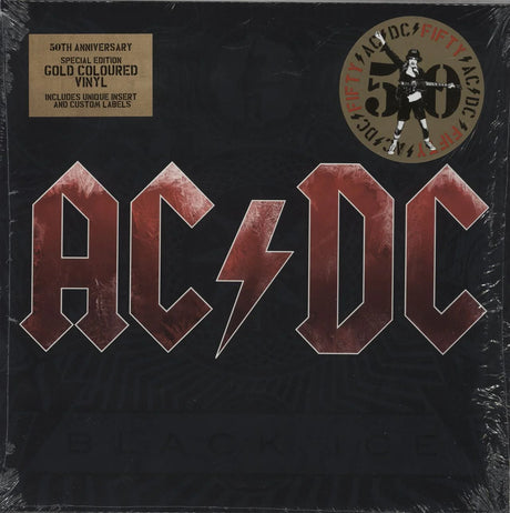 AC/DC album cover with gold-colored text on a dark background