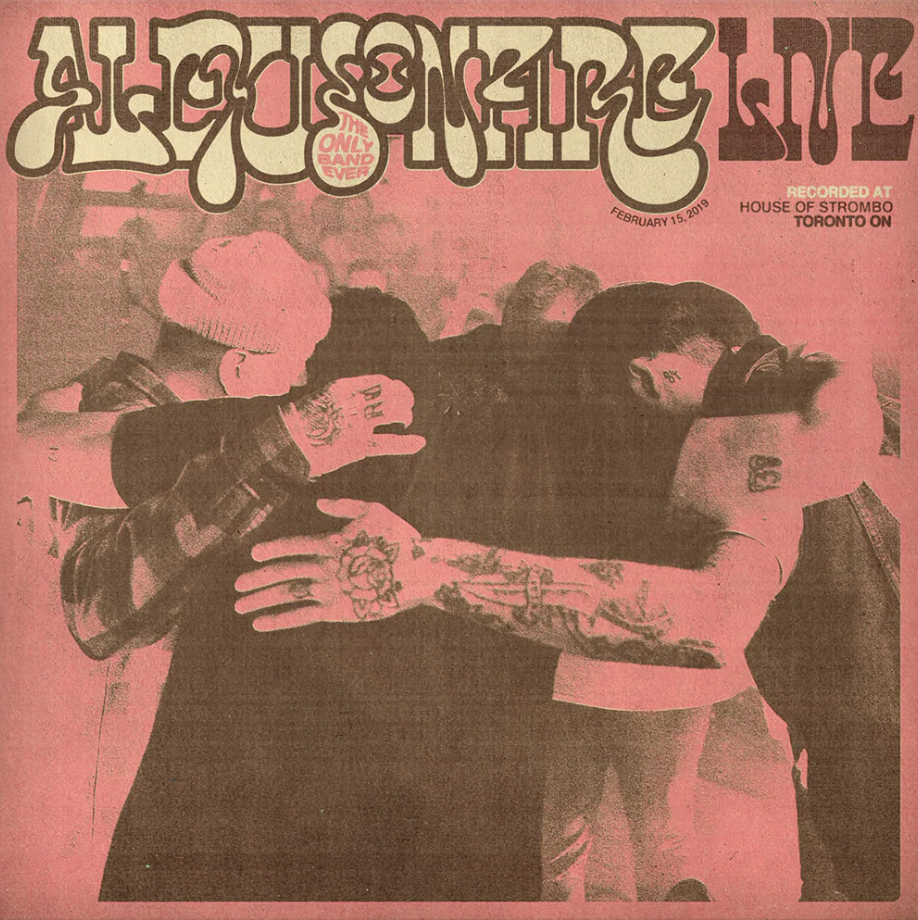 Album cover with two people embracing, featuring text and a pink background.