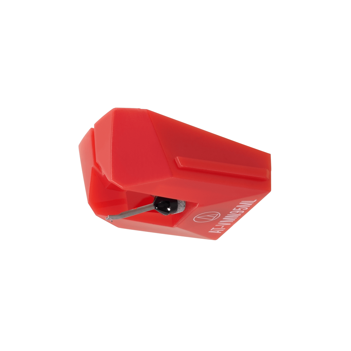 Red phonograph record needle on a black background