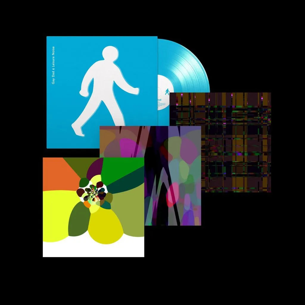 Collection of vinyl records with colorful covers and a blue cover featuring a white figure.