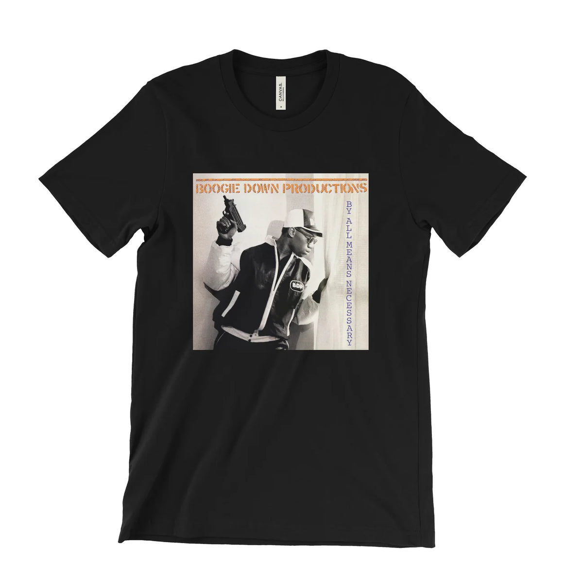 A black short-sleeve crewneck t-shirt featuring a rectangular graphic print on the front. The graphic has a sepia-toned border and displays the text 'BOOCHIE DOWN PRODUCTIONS' in orange at the top, alongside a black-and-white photo of a man in a hat and jacket holding a gun, with blue vertical text on the right side.