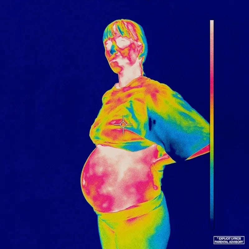 Colorful thermal imaging of a person with a visible target symbol on a dark blue background