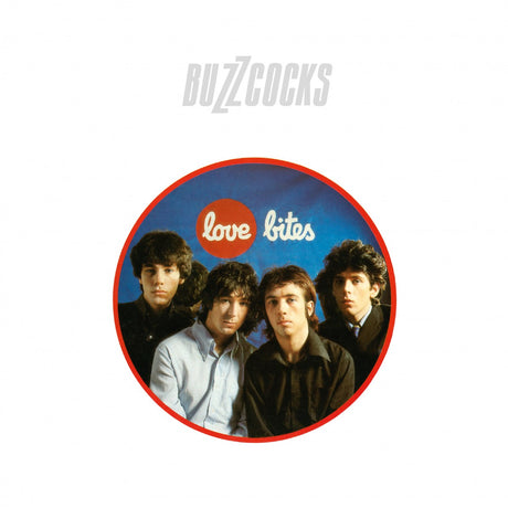 Album cover for 'Love Bites' by Buzzcocks featuring a circular portrait of four band members.