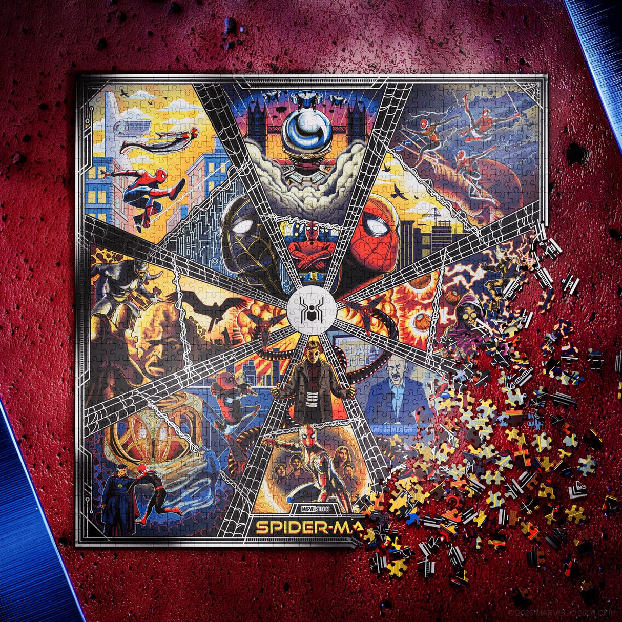 A Spider-Man themed jigsaw puzzle box shown on a textured red background, with the puzzle pieces scattered around the lower right corner. The box features a highly detailed, multi-panel comic book style illustration of Spider-Man and other Marvel characters.