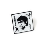 Square patch with Bruce Lee's portrait and silhouette of a martial artist on a white background