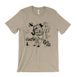 Beige t-shirt with black graphic design on a white background