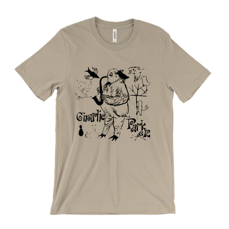 Beige t-shirt with black graphic design on a white background