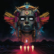 Artistic depiction of a futuristic mask with glowing eyes and a stylized landscape.