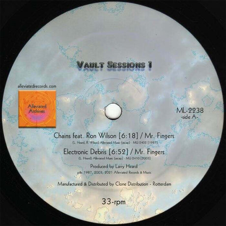 Vinyl record label with text and branding on a light gray background