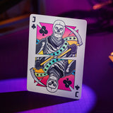 Playing card with a skeleton design on a colorful background
