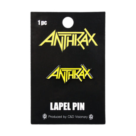 Anthrax lapel pin on a black card with brand name and product details.
